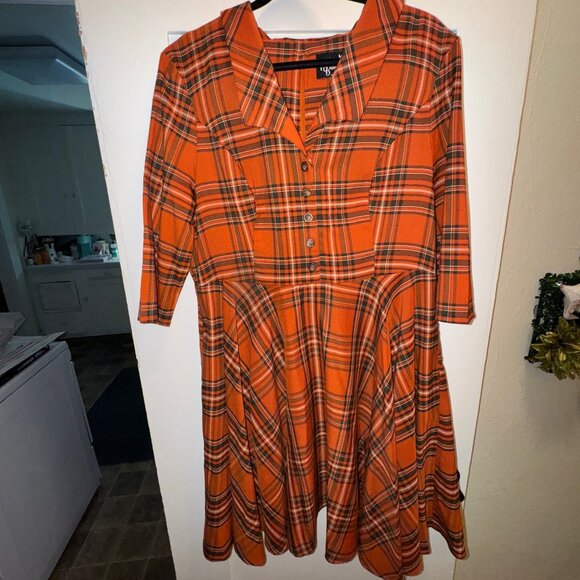 Hell Bunny - HTF Tawny Mid Dress (Size 2X) - Orange/Brown Tartan Plaid - Picture 3 of 8